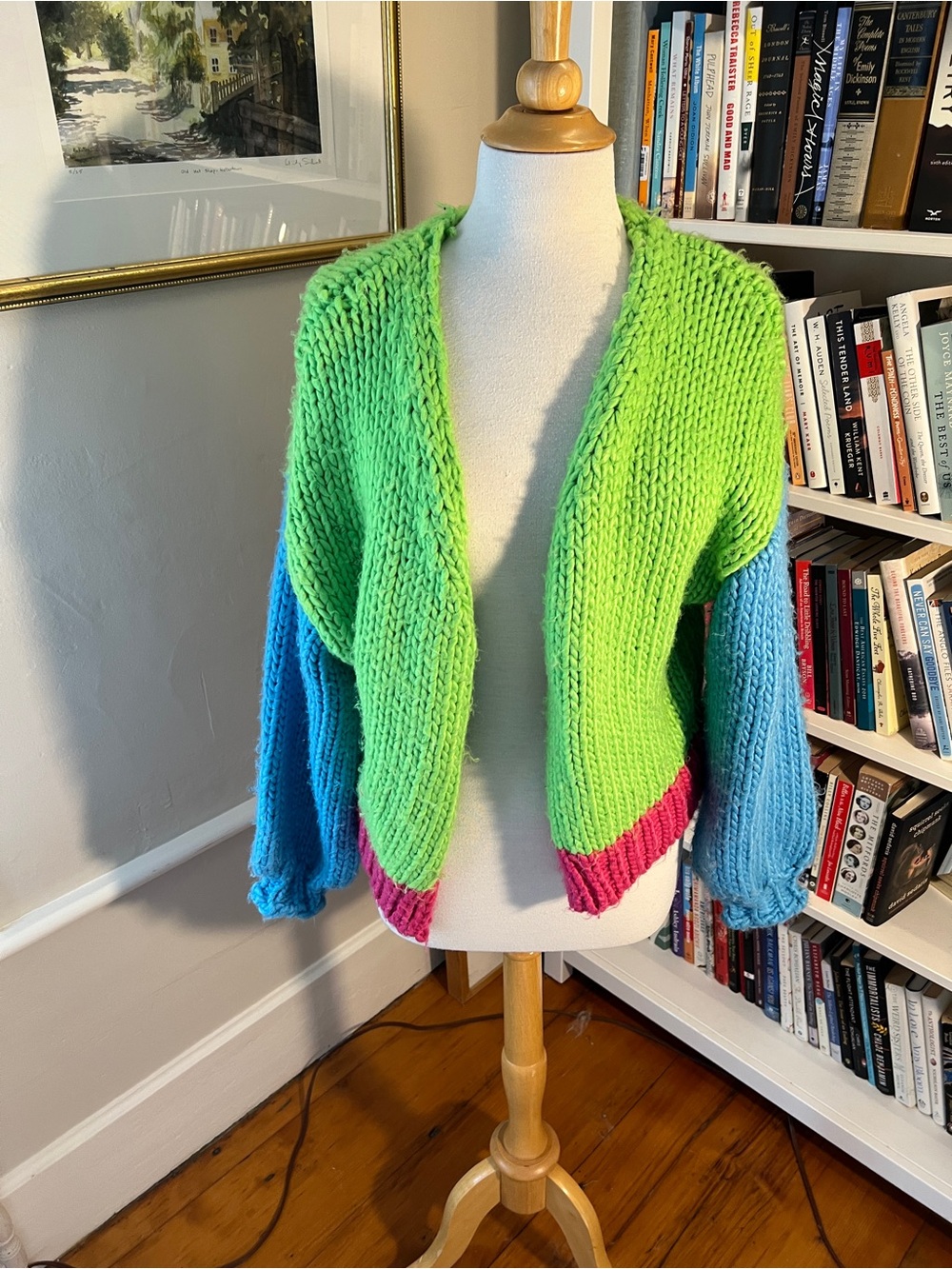Nasty Gal Colorblock Chunky Open Cardigan in Lime, Blue & Pink